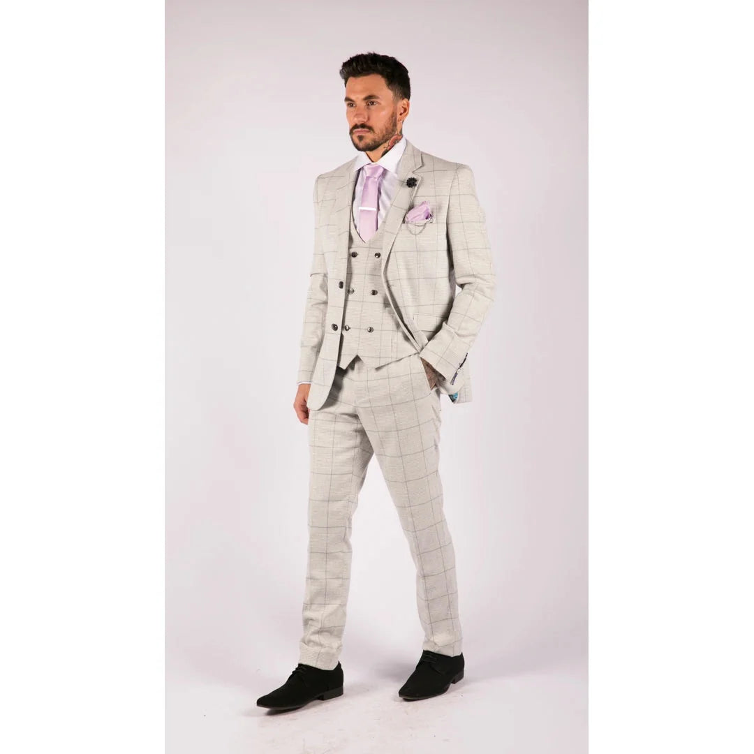 Radika Men's Light Grey Check 3 Piece Suit Double Breasted Waistcoat by TruClothing