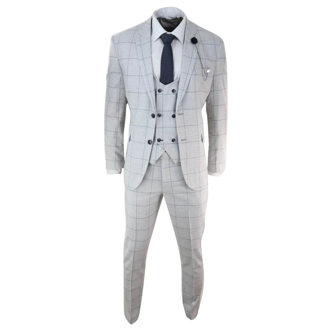 Radika Men's Light Grey Check 3 Piece Suit Double Breasted Waistcoat by TruClothing