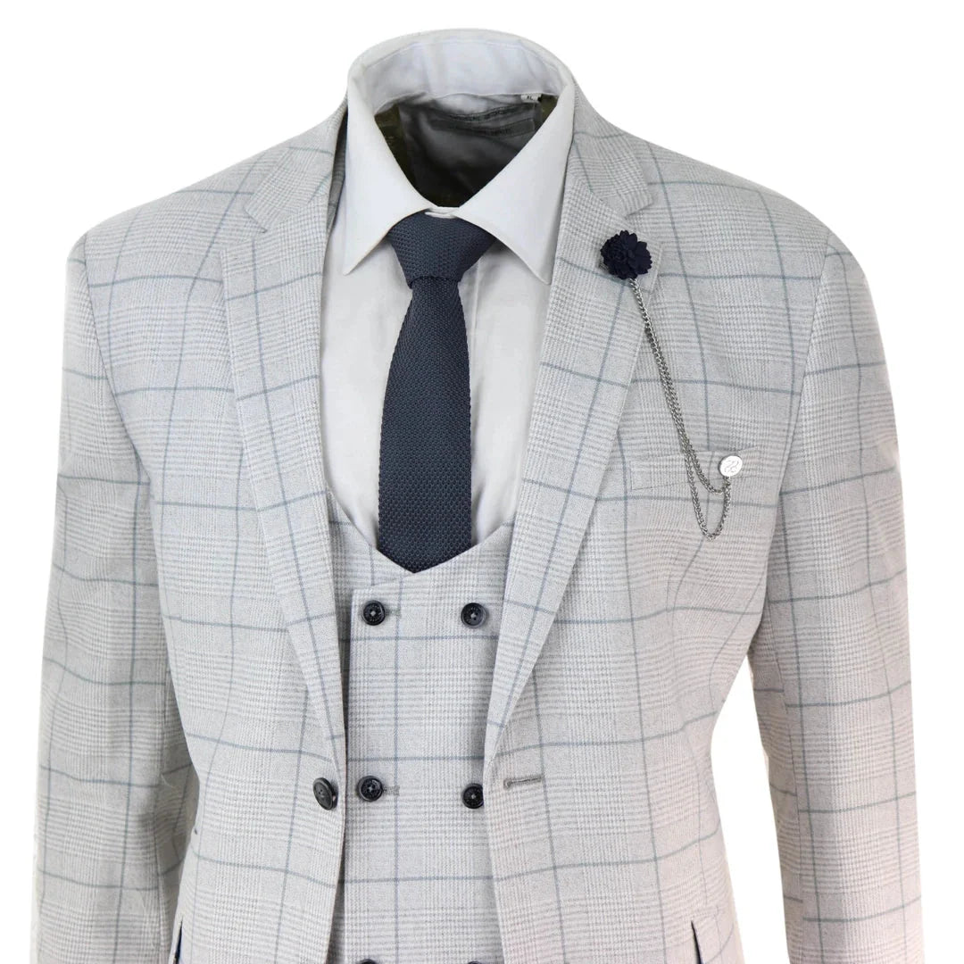 Radika Men's Light Grey Check 3 Piece Suit Double Breasted Waistcoat by TruClothing