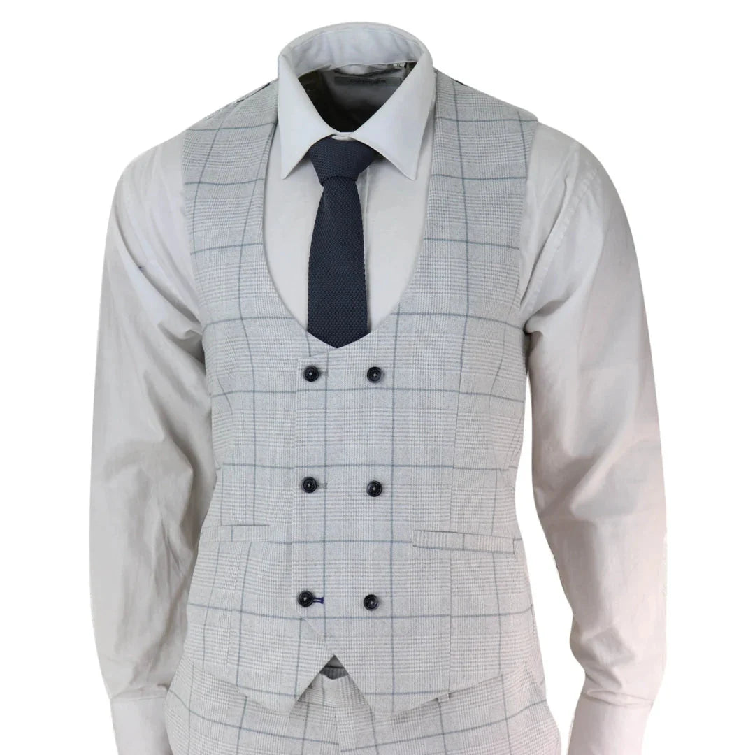 Radika Men's Light Grey Check 3 Piece Suit Double Breasted Waistcoat by TruClothing