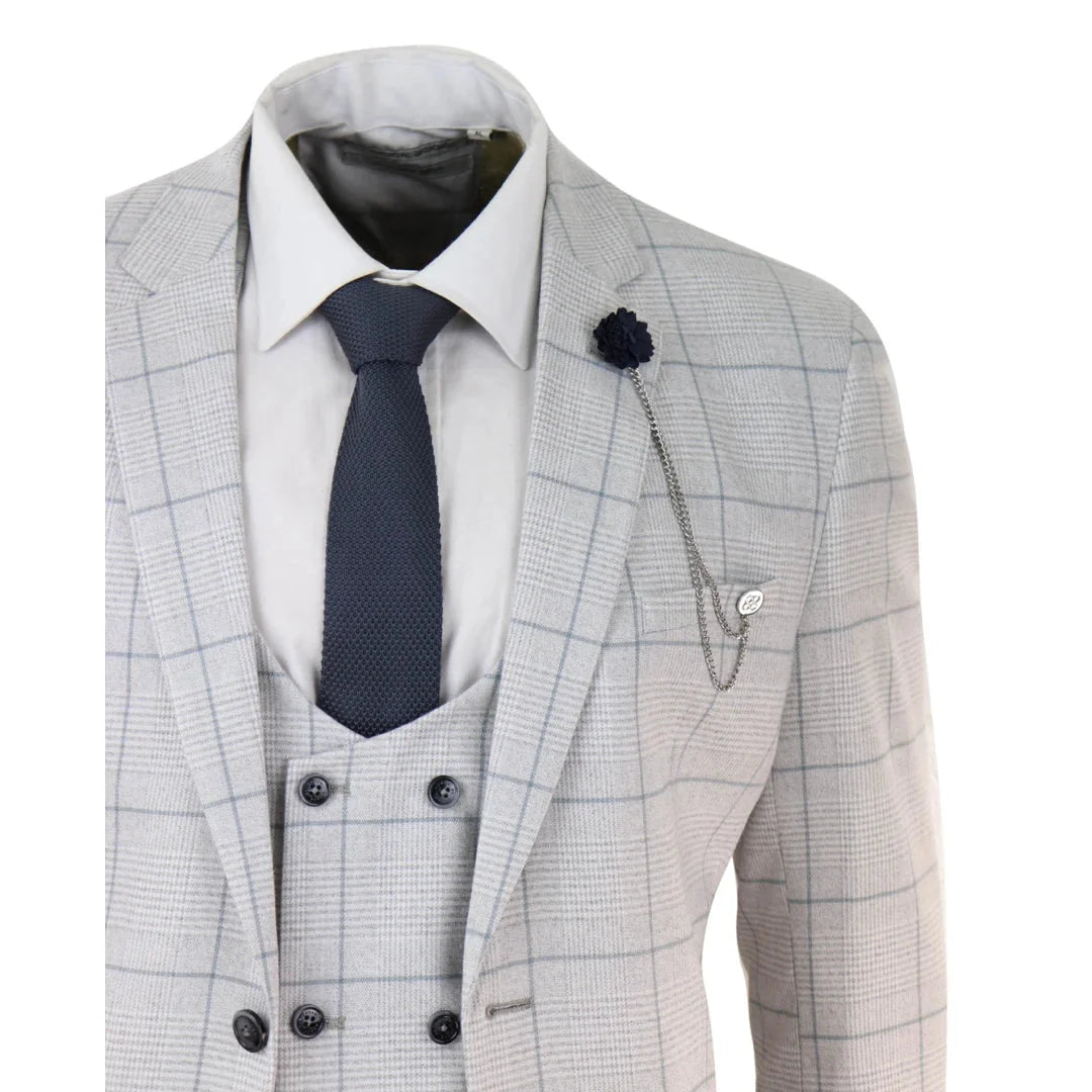 Radika Men's Light Grey Check 3 Piece Suit Double Breasted Waistcoat by TruClothing