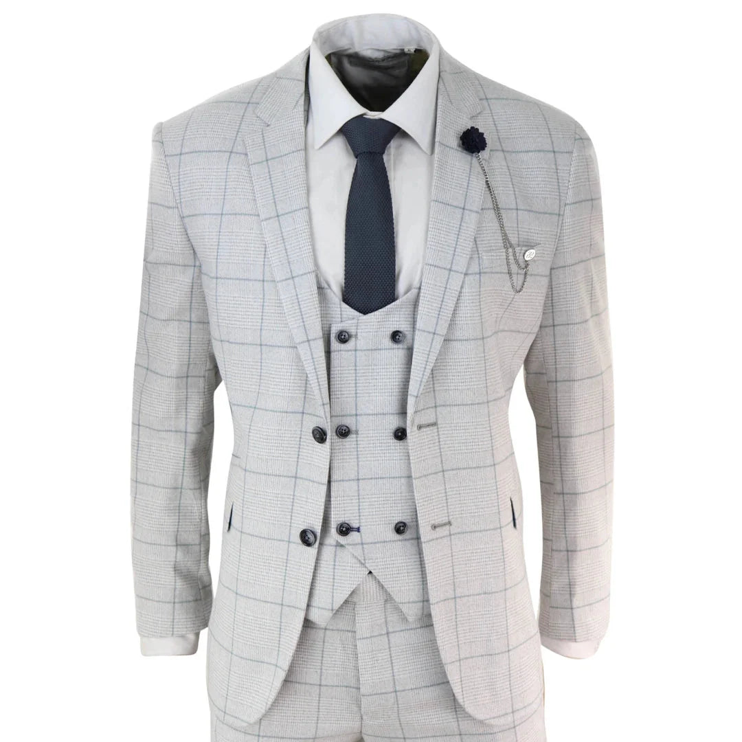 Radika Men's Light Grey Check 3 Piece Suit Double Breasted Waistcoat by TruClothing
