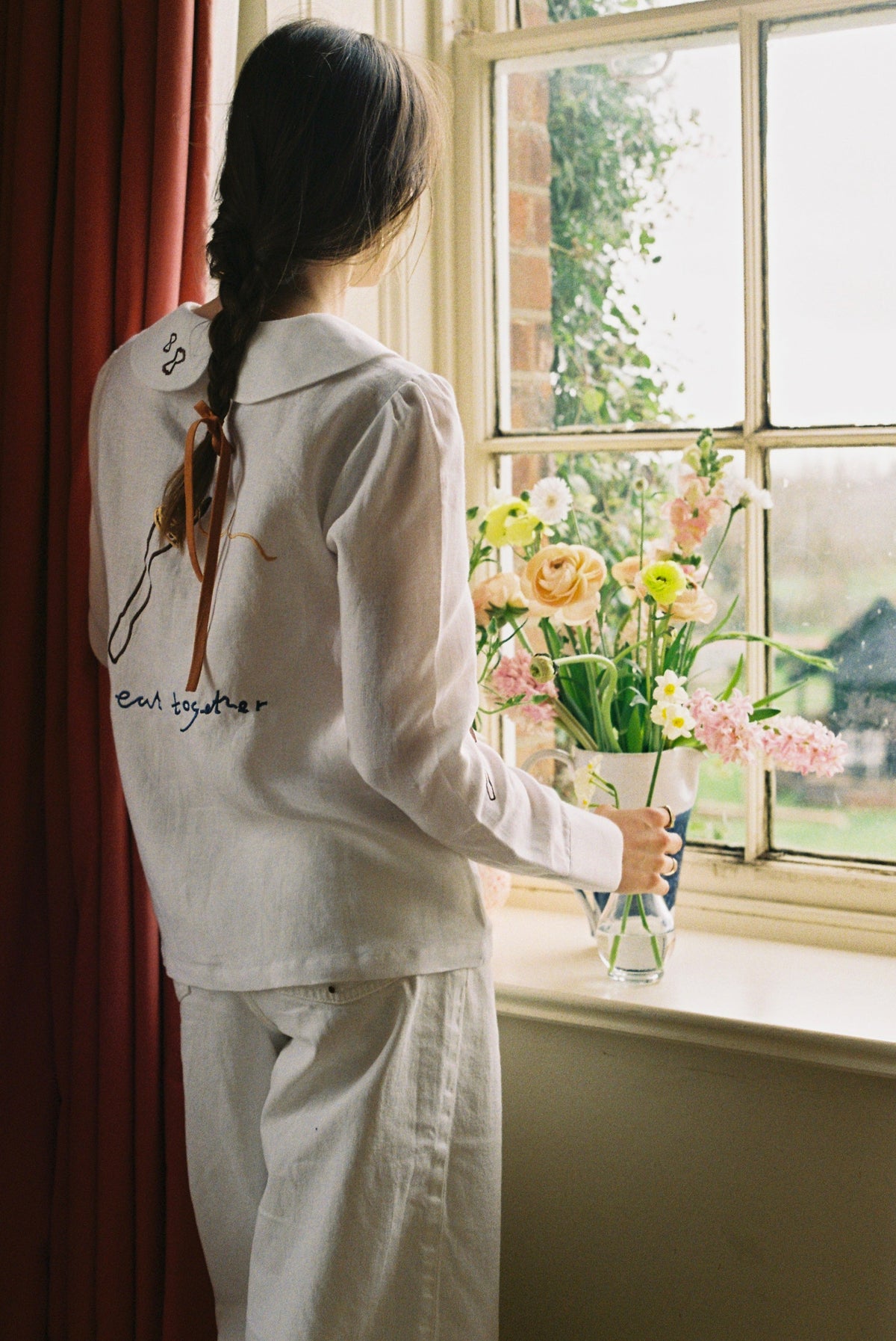 Má + Lin Eat Together Embroidered Claudine Linen Blouse - White  x Sshepaints