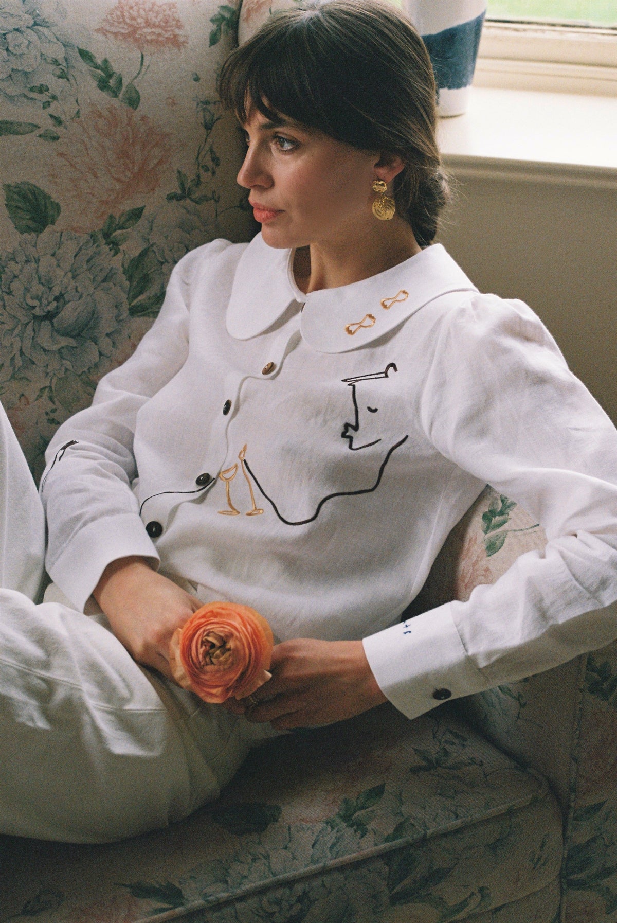 Má + Lin Eat Together Embroidered Claudine Linen Blouse - White  x Sshepaints