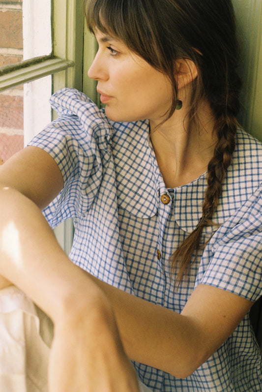 Má + Lin Frances Linen Cropped Blouse - Royal Blue Gingham