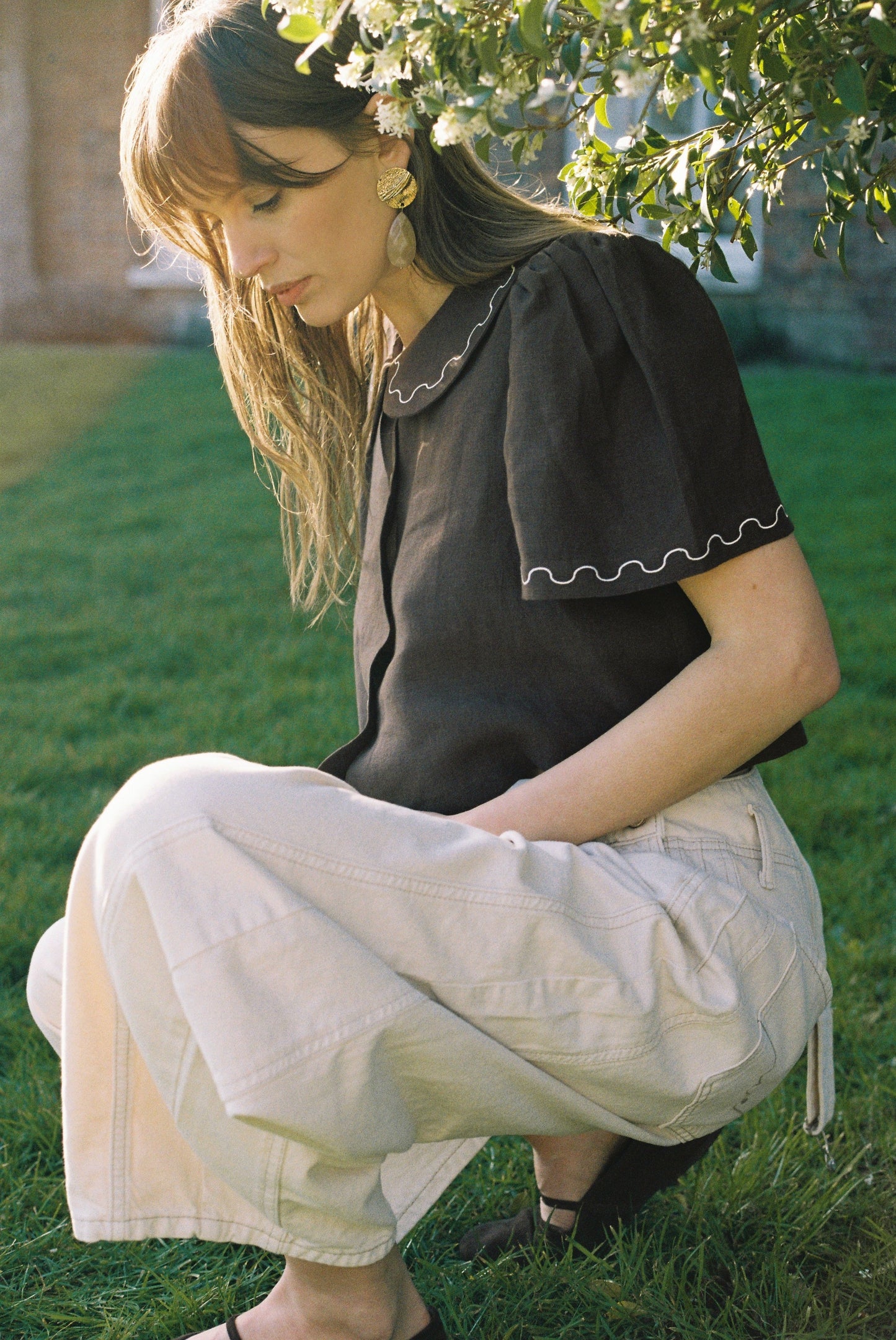 Frances Linen Cropped Blouse with Embroidered Trims  - Chocolate