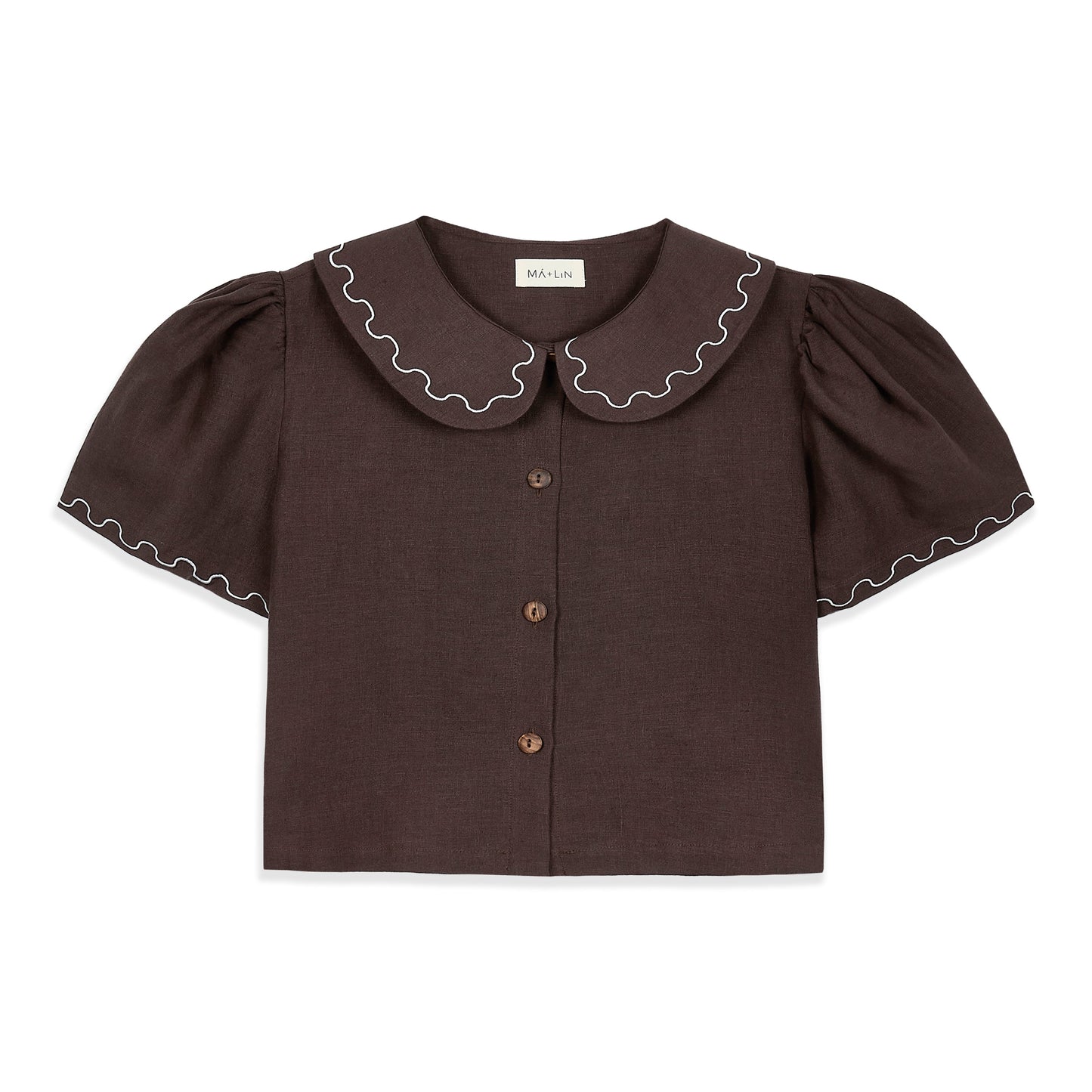 Frances Linen Cropped Blouse with Embroidered Trims  - Chocolate