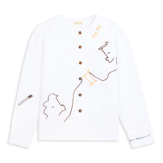 Má + Lin Eat Together Embroidered Claudine Linen Blouse - White  x Sshepaints