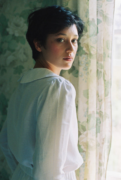 Má + Lin Claudine Long Sleeve Linen Blouse in White