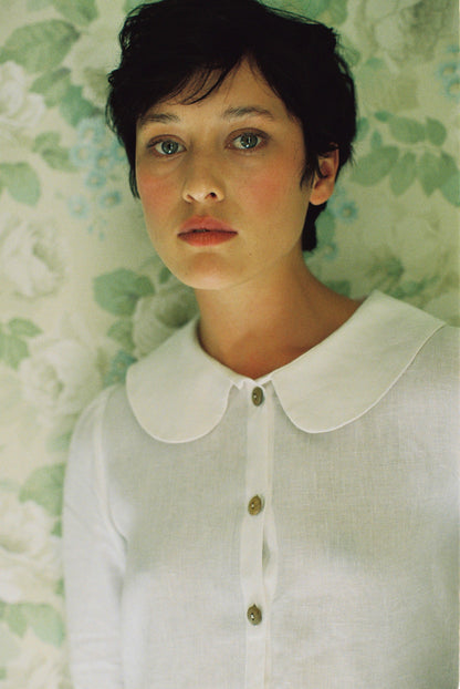 Má + Lin Claudine Long Sleeve Linen Blouse in White