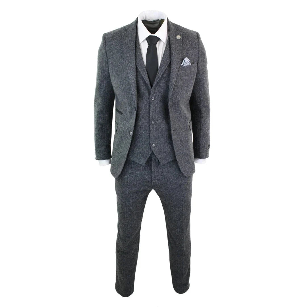 Men's Grey Black Herringbone Wool Tweed 3 Piece Suit
