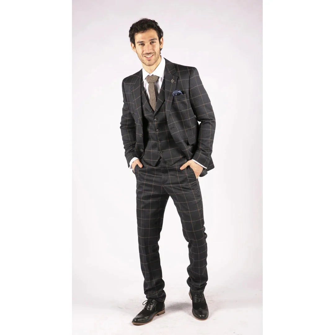 Men's Herringbone Tweed Navy Check 3 Piece Wool Suit