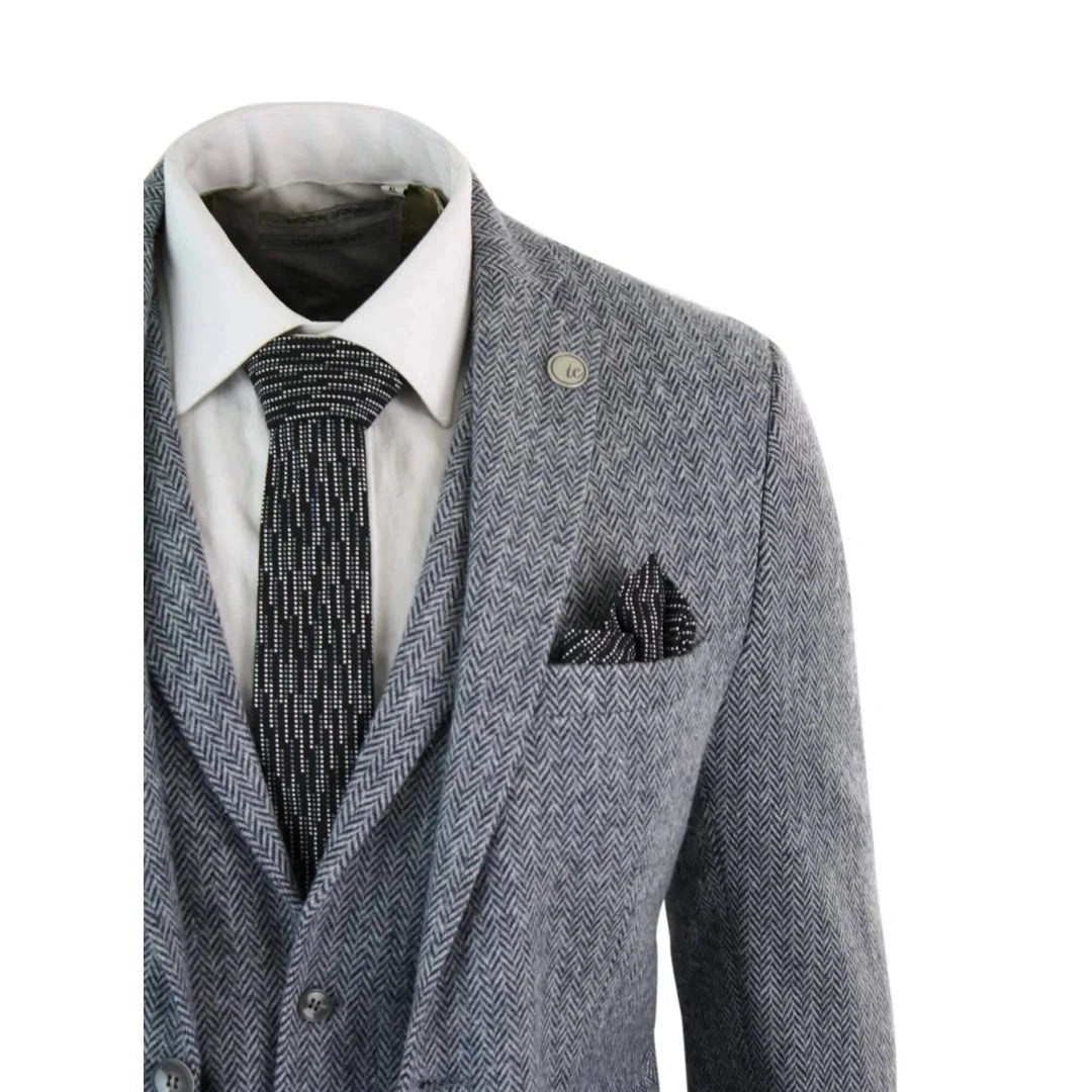 Men's Light Grey Herringbone Wool Tweed 3 Piece Suit