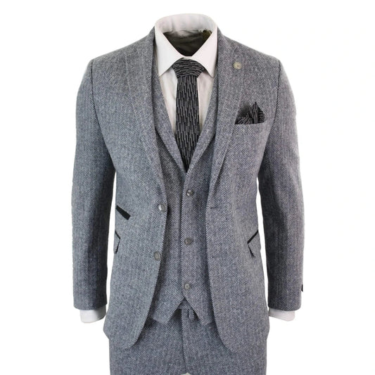 Men's Light Grey Herringbone Wool Tweed 3 Piece Suit