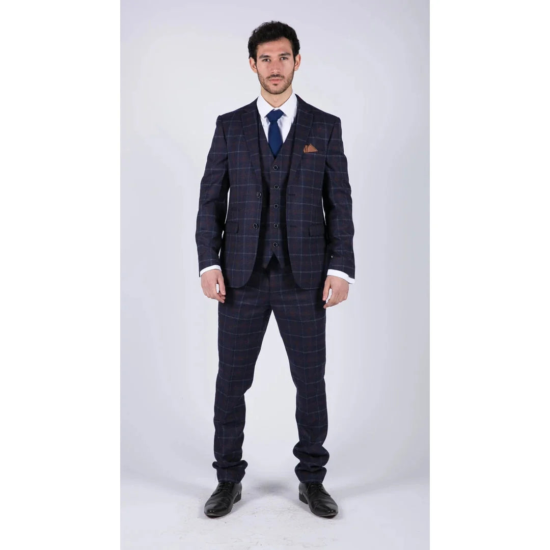 Kenneth Men's 3 Piece Blue Herringbone Tweed Check 1920s Suit by TruClothing