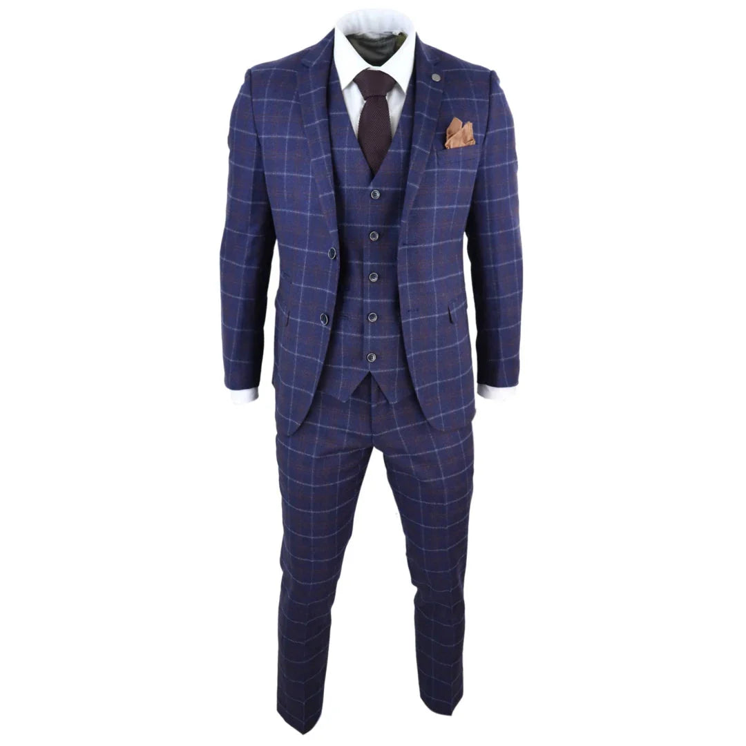 Kenneth Men's 3 Piece Blue Herringbone Tweed Check 1920s Suit by TruClothing