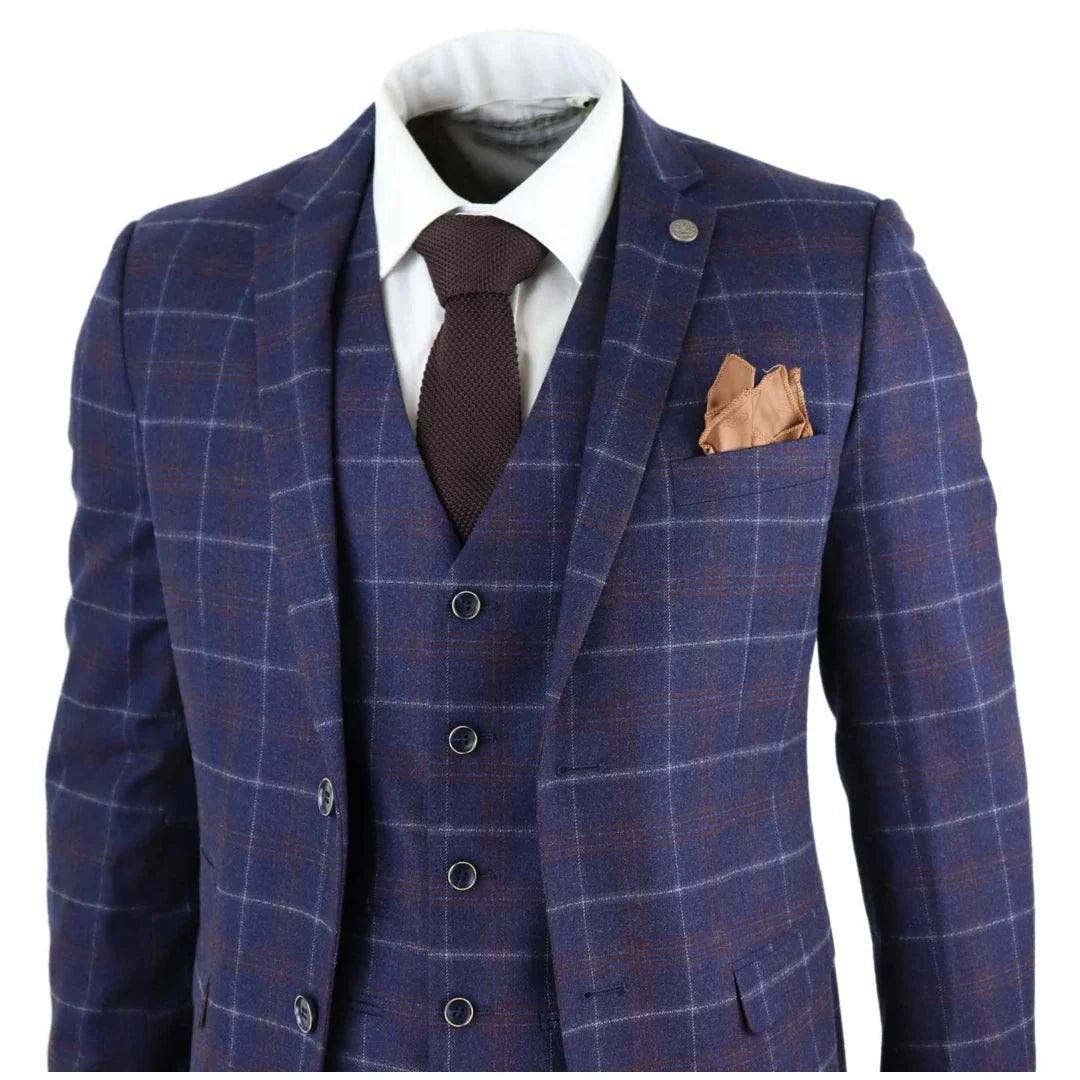 Kenneth Men's 3 Piece Blue Herringbone Tweed Check 1920s Suit by TruClothing