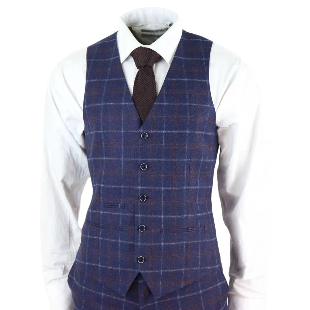 Kenneth Men's 3 Piece Blue Herringbone Tweed Check 1920s Suit by TruClothing