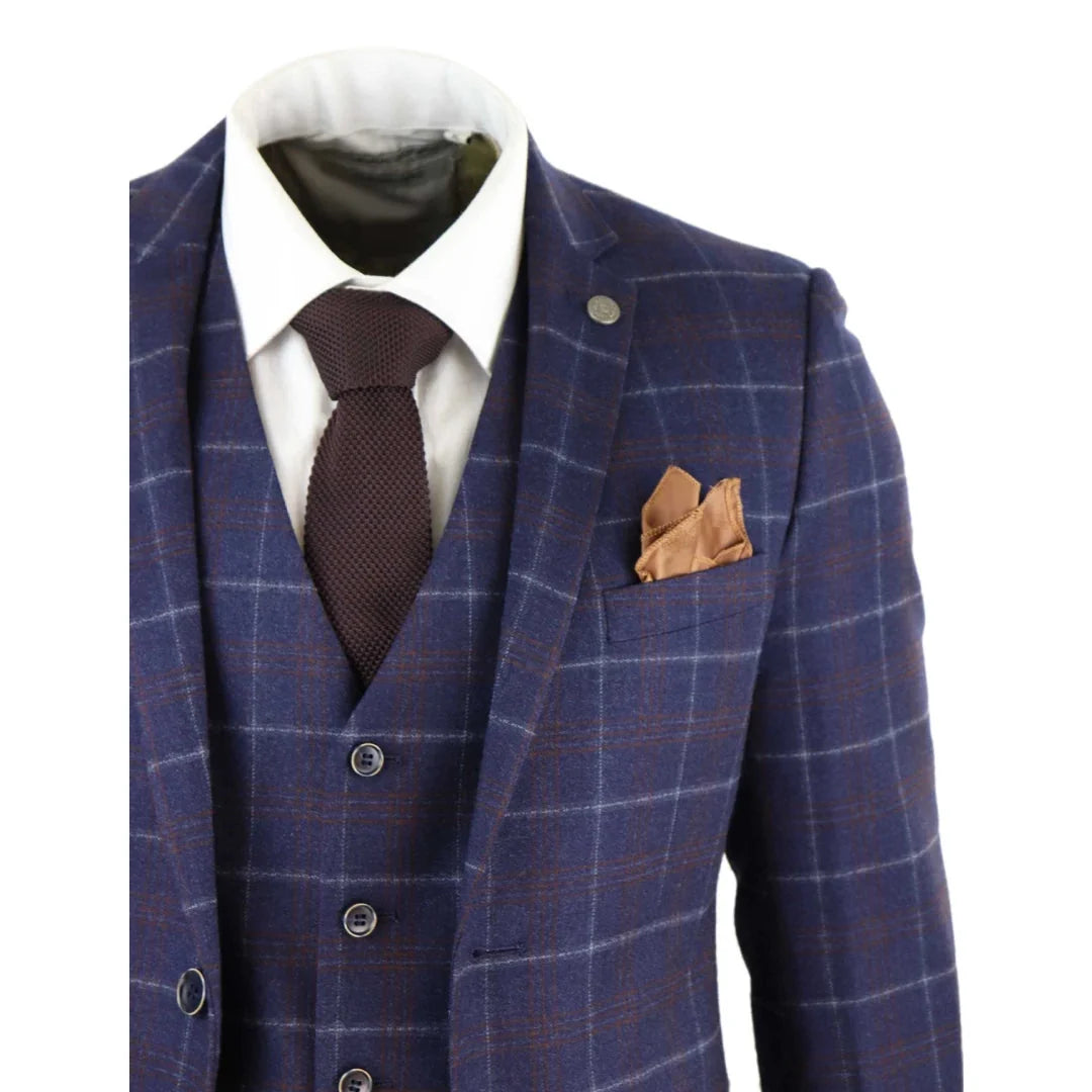 Kenneth Men's 3 Piece Blue Herringbone Tweed Check 1920s Suit by TruClothing