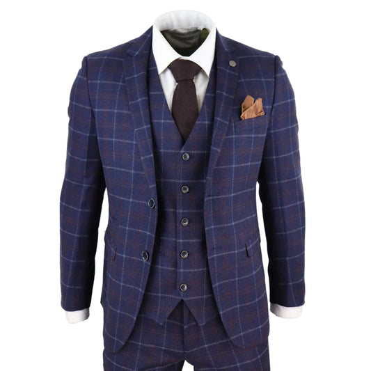 Kenneth Men's 3 Piece Blue Herringbone Tweed Check 1920s Suit by TruClothing
