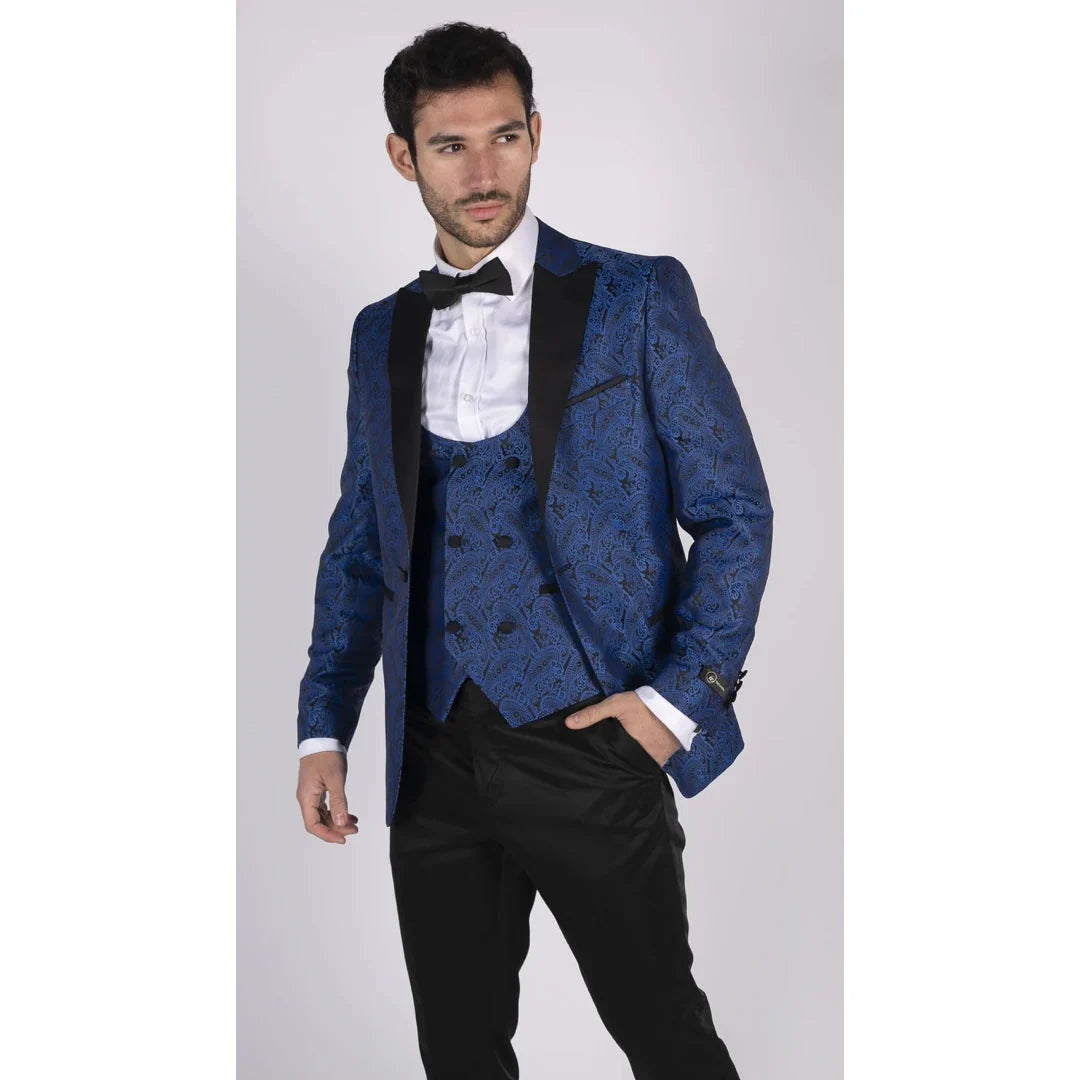 Men's Black Blue Paisley Tuxedo Blazer and Waistcoat Dinner Jacket
