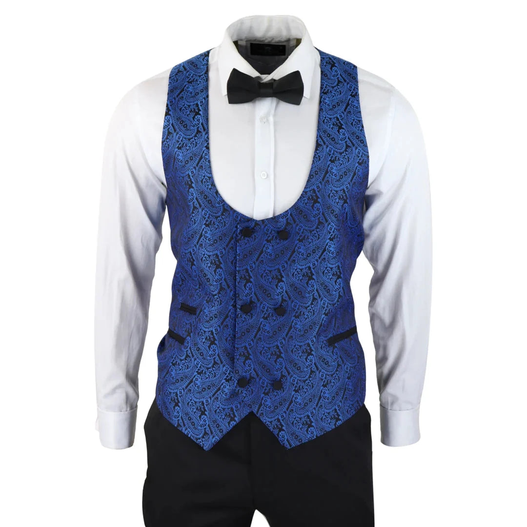 Men's Black Blue Paisley Tuxedo Blazer and Waistcoat Dinner Jacket