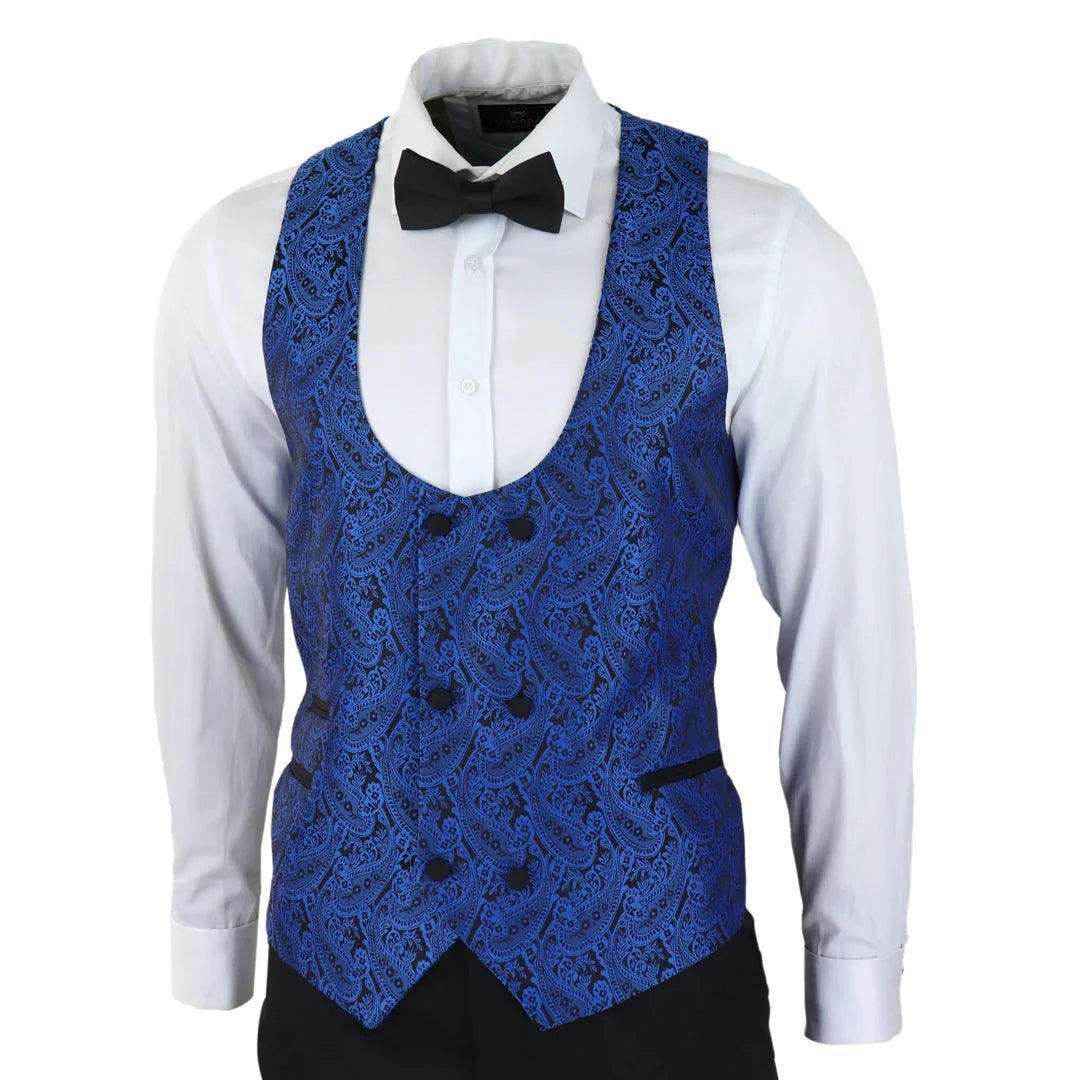 Men's Black Blue Paisley Tuxedo Blazer and Waistcoat Dinner Jacket