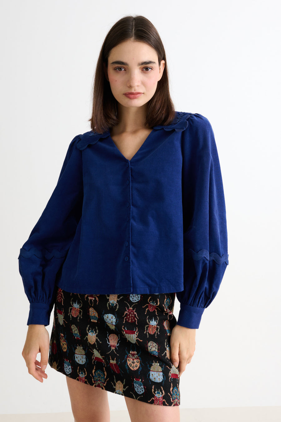 Pallas Babycord Big Collar Ric Rac Trimmed Blouse - Navy