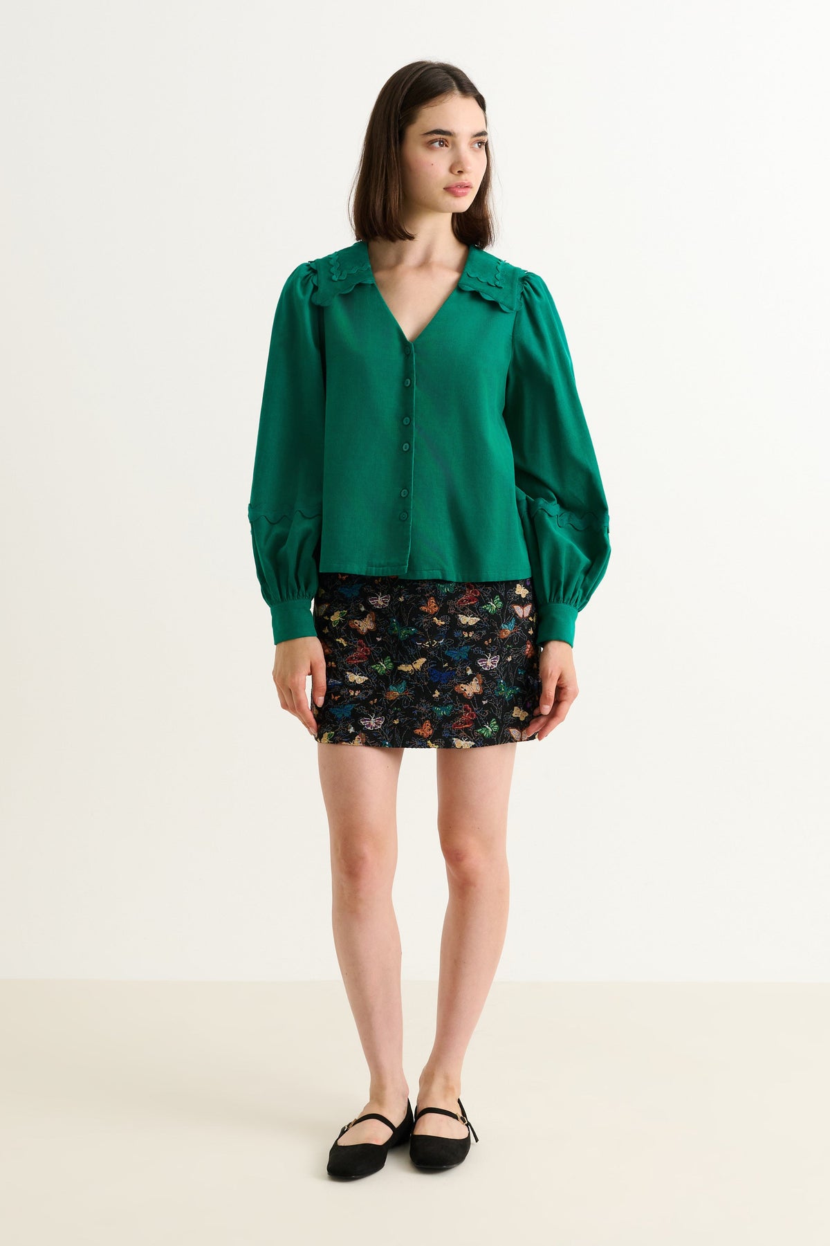 Pallas Babycord Big Collar Ric Rac Trimmed Blouse - Teal