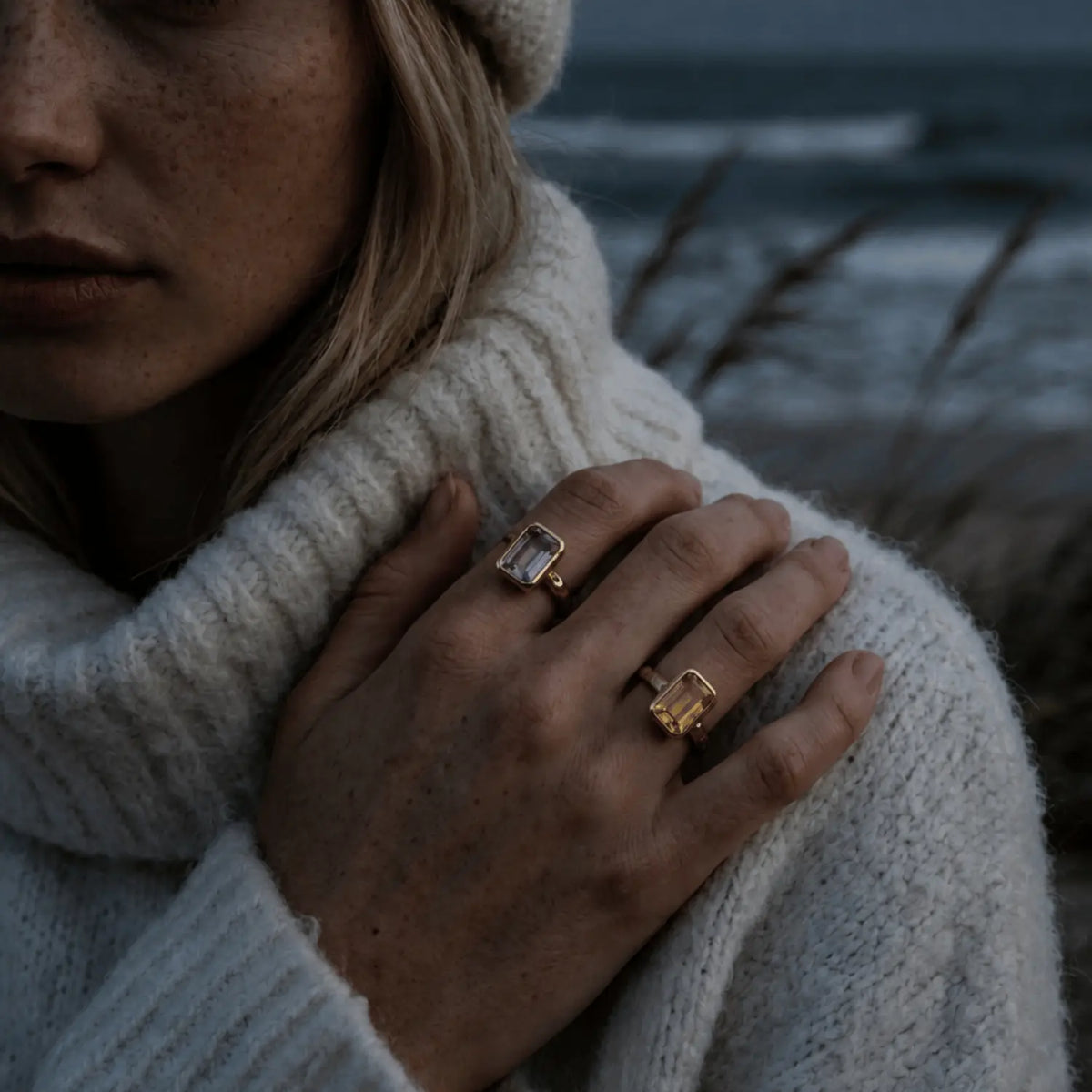 Dainty London Tidewashed Citrine Ring with Octagonal Stone and Hammered Band