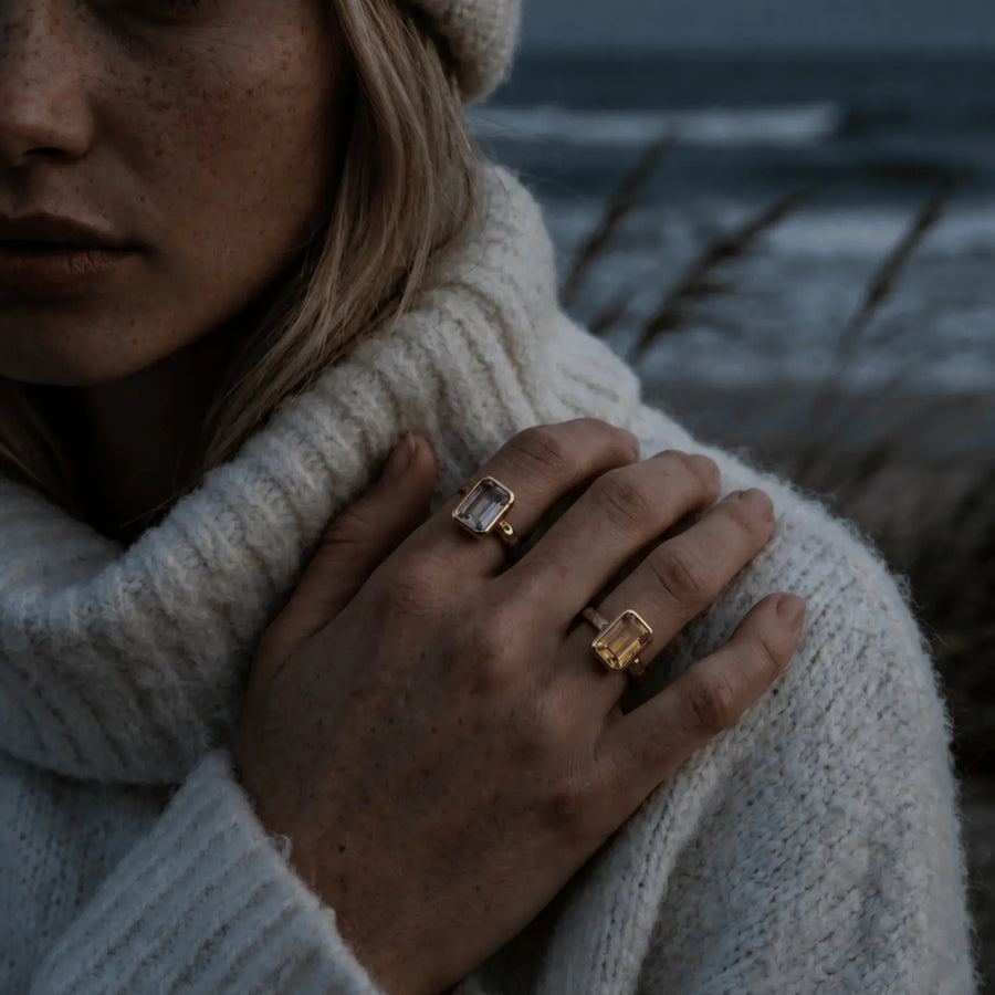 Dainty London Tidewashed Citrine Ring with Octagonal Stone and Hammered Band