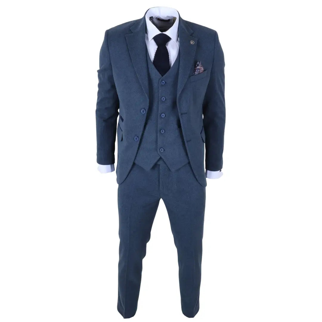 Men's Blue 3 Piece Tweed Herringbone Suit by TruClothing