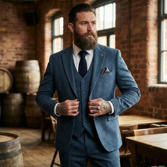 Men's Blue 3 Piece Tweed Herringbone Suit by TruClothing