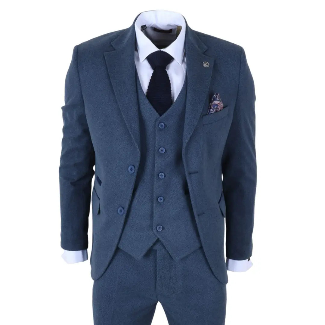 Men's Blue 3 Piece Tweed Herringbone Suit by TruClothing