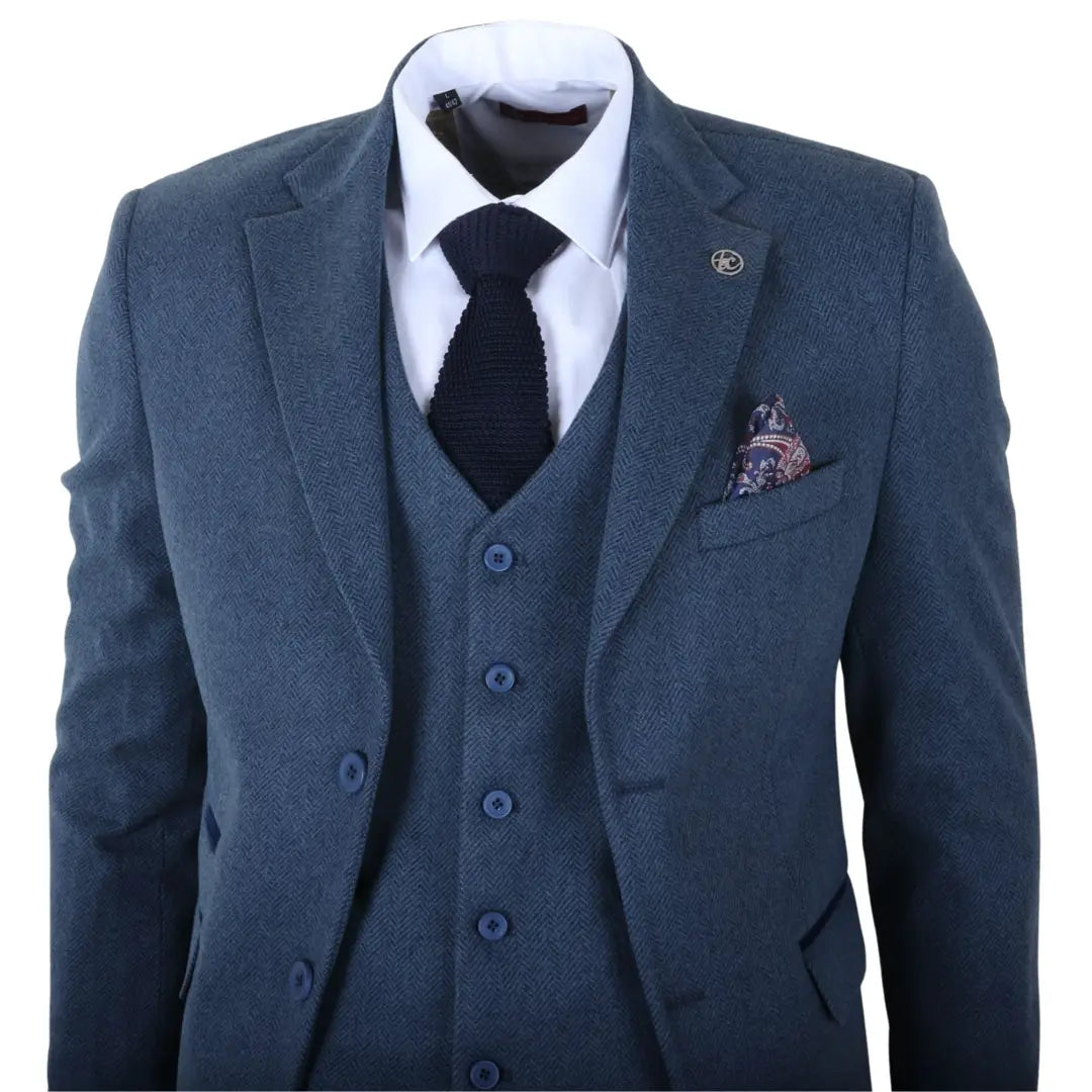 Men's Blue 3 Piece Tweed Herringbone Suit by TruClothing