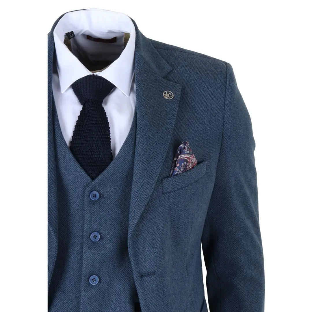 Men's Blue 3 Piece Tweed Herringbone Suit by TruClothing