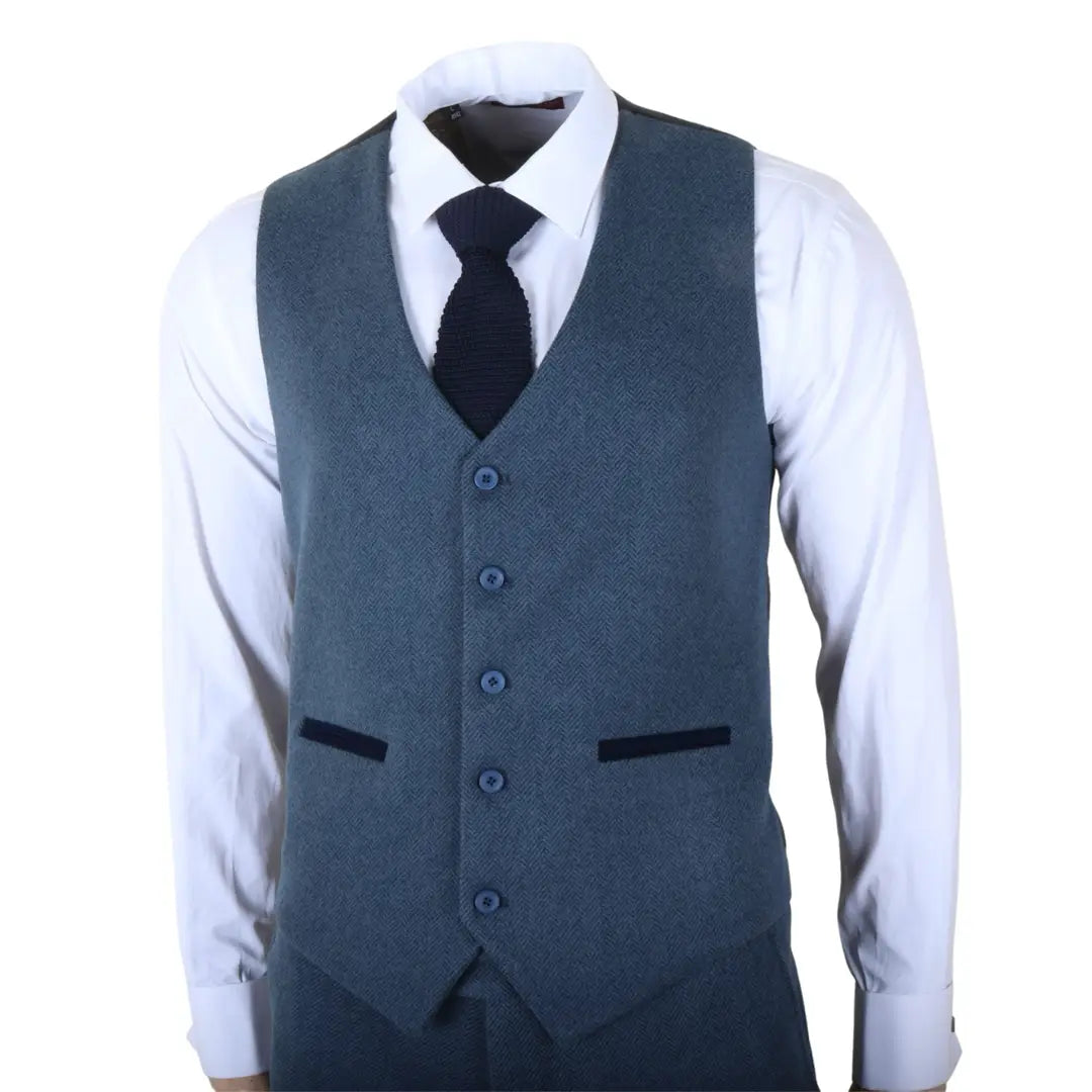 Men's Blue 3 Piece Tweed Herringbone Suit by TruClothing