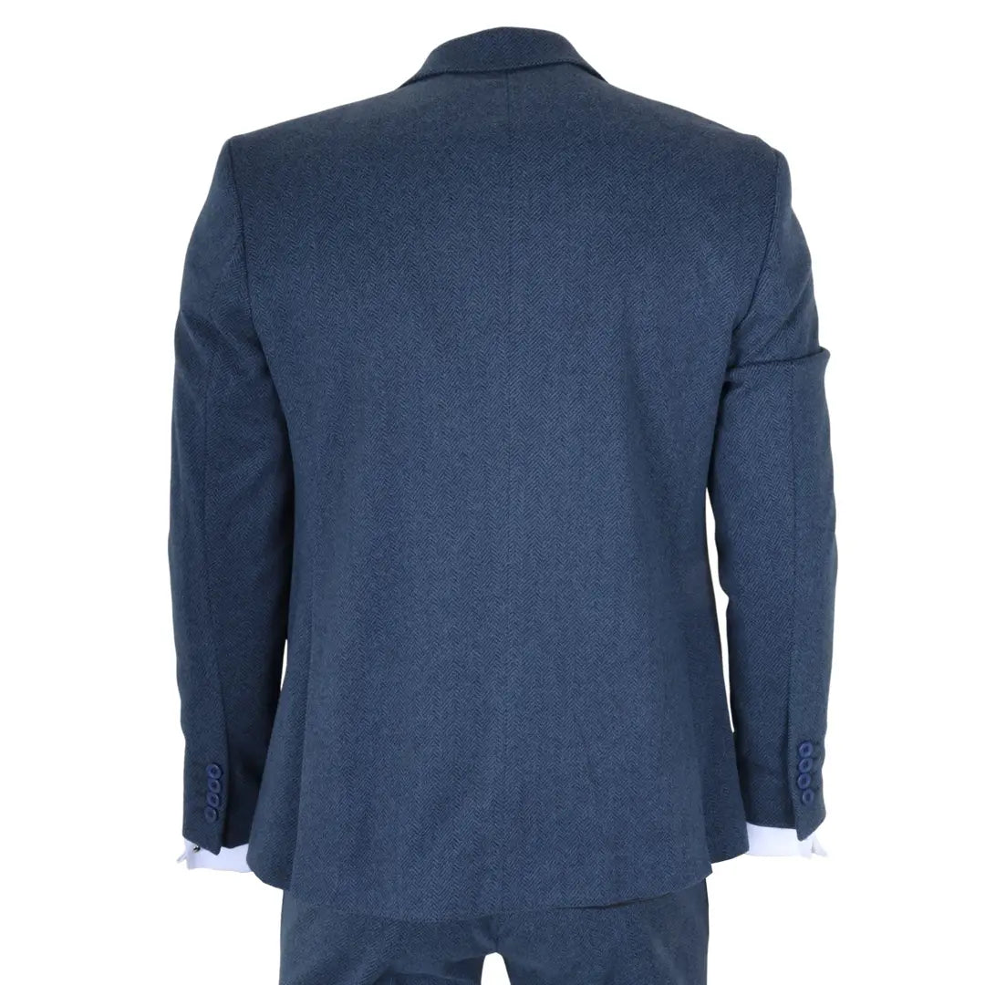 Men's Blue 3 Piece Tweed Herringbone Suit by TruClothing