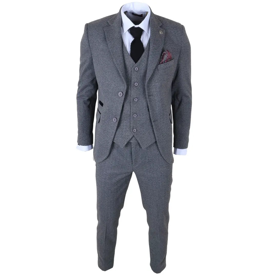 Men's Grey 3 Piece Tweed Herringbone Suit by TruClothing