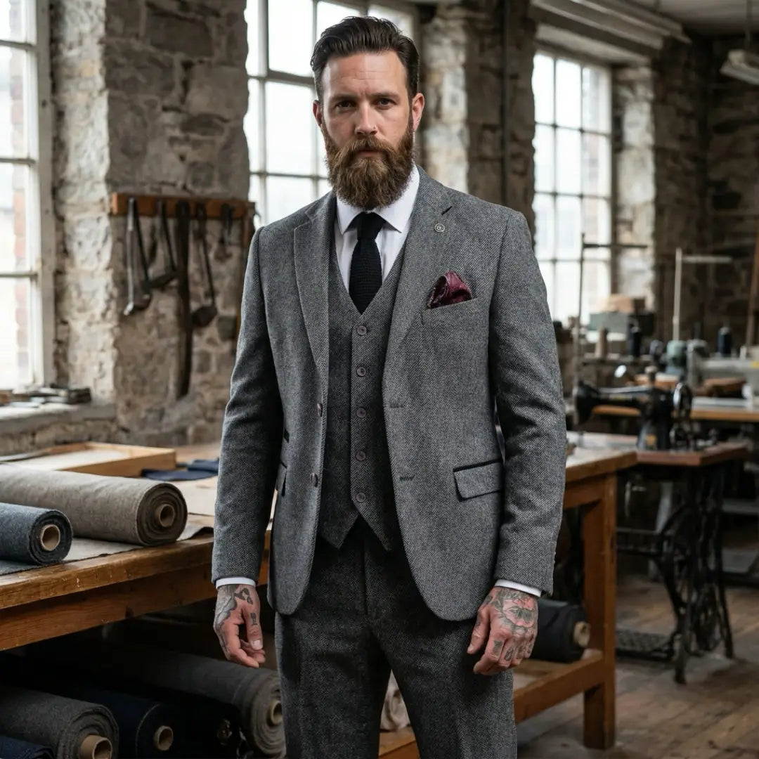 Men's Grey 3 Piece Tweed Herringbone Suit by TruClothing
