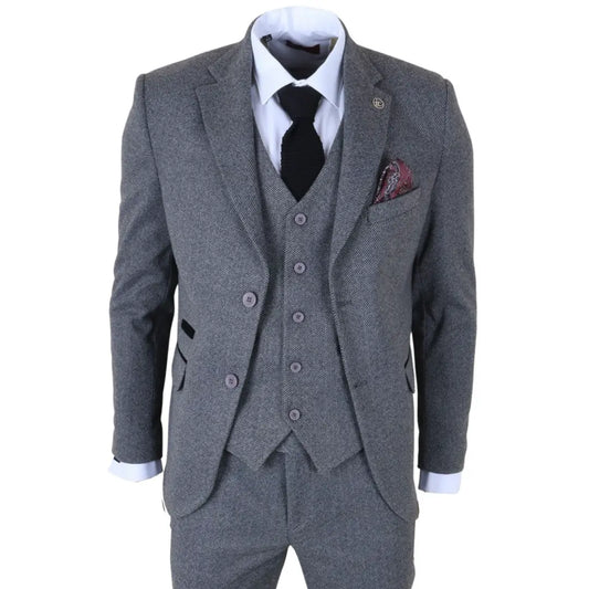 Men's Grey 3 Piece Tweed Herringbone Suit by TruClothing