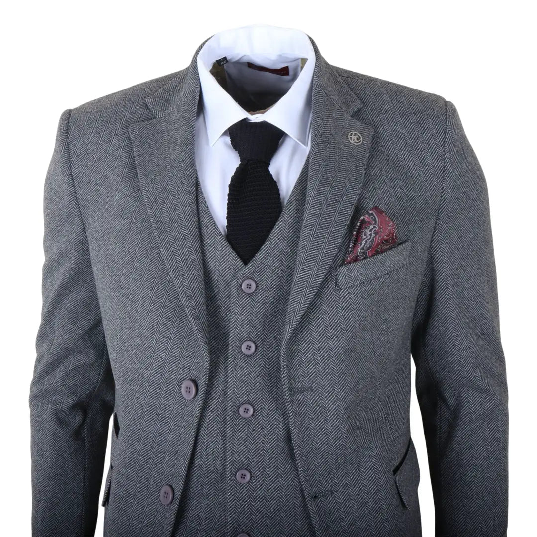 Men's Grey 3 Piece Tweed Herringbone Suit by TruClothing