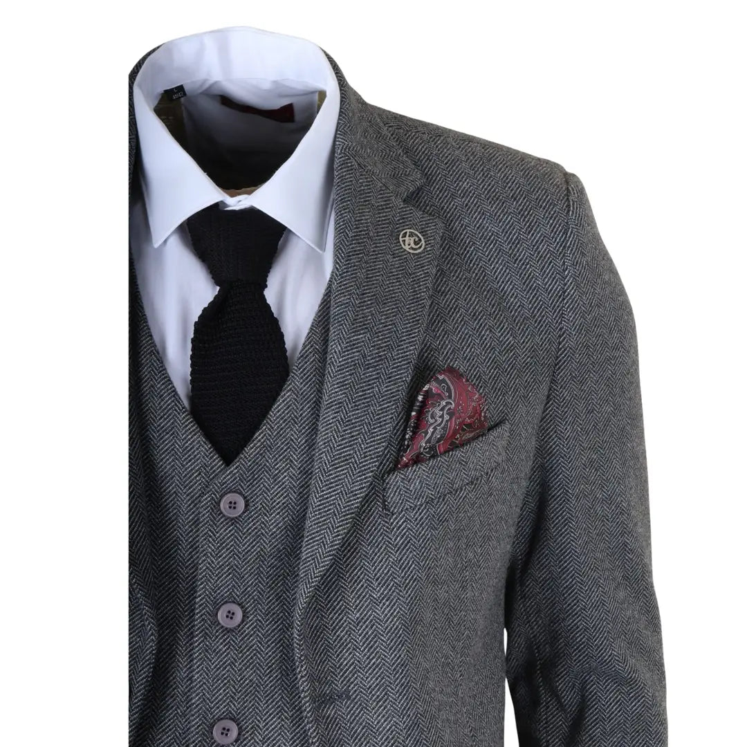 Men's Grey 3 Piece Tweed Herringbone Suit by TruClothing
