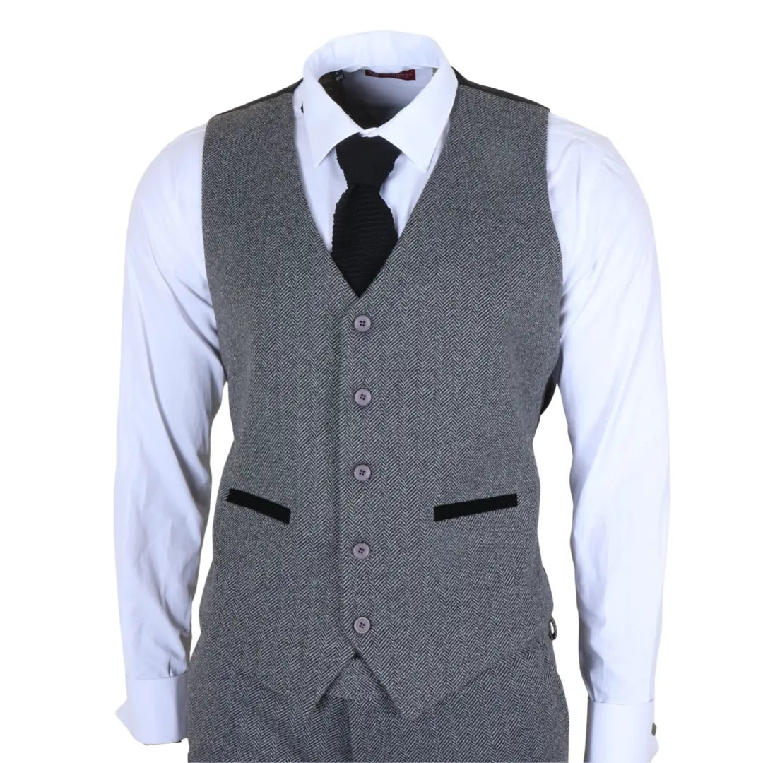 Men's Grey 3 Piece Tweed Herringbone Suit by TruClothing