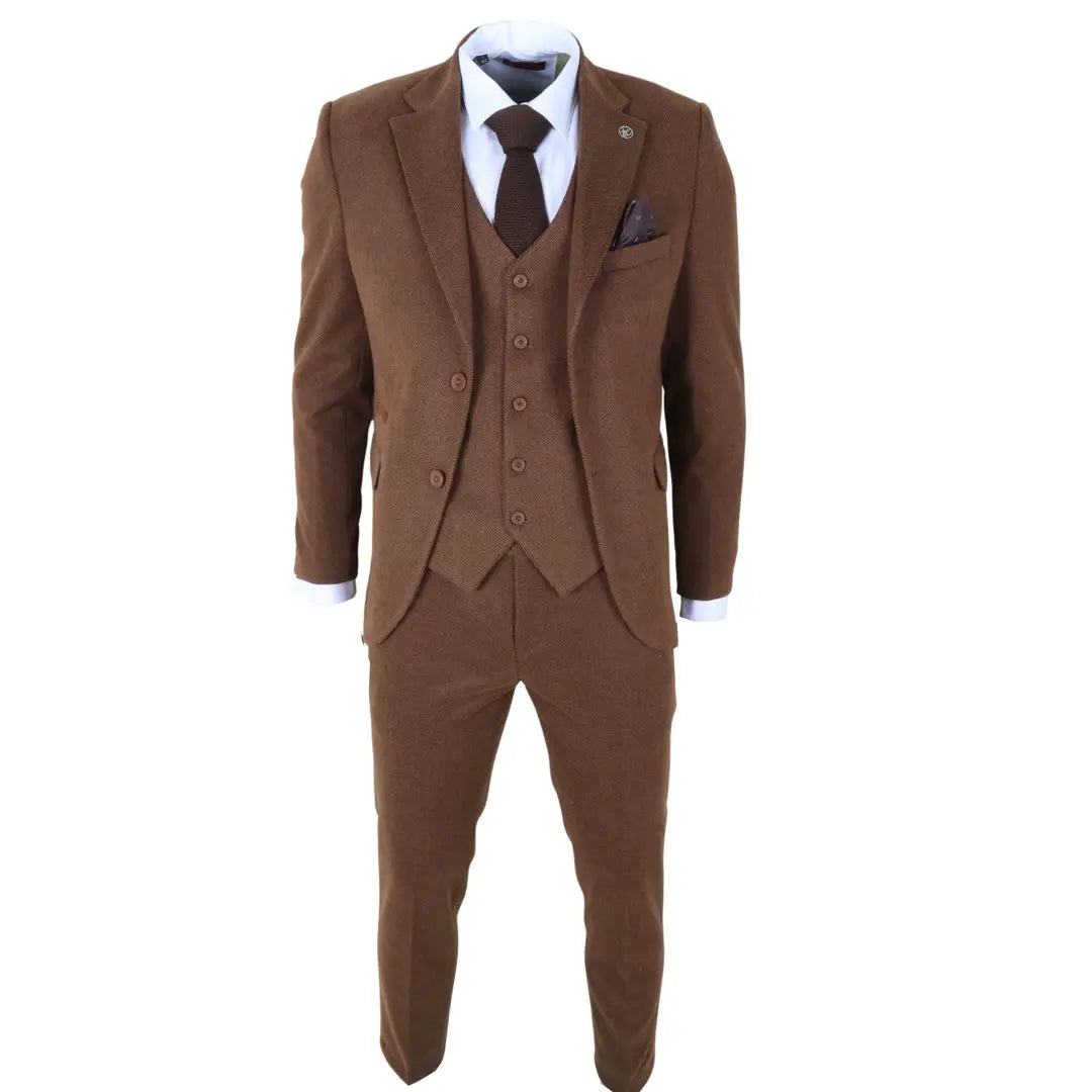 Men's Brown 3 Piece Tweed Herringbone Suit by TruClothing