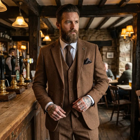 Men's Brown 3 Piece Tweed Herringbone Suit by TruClothing