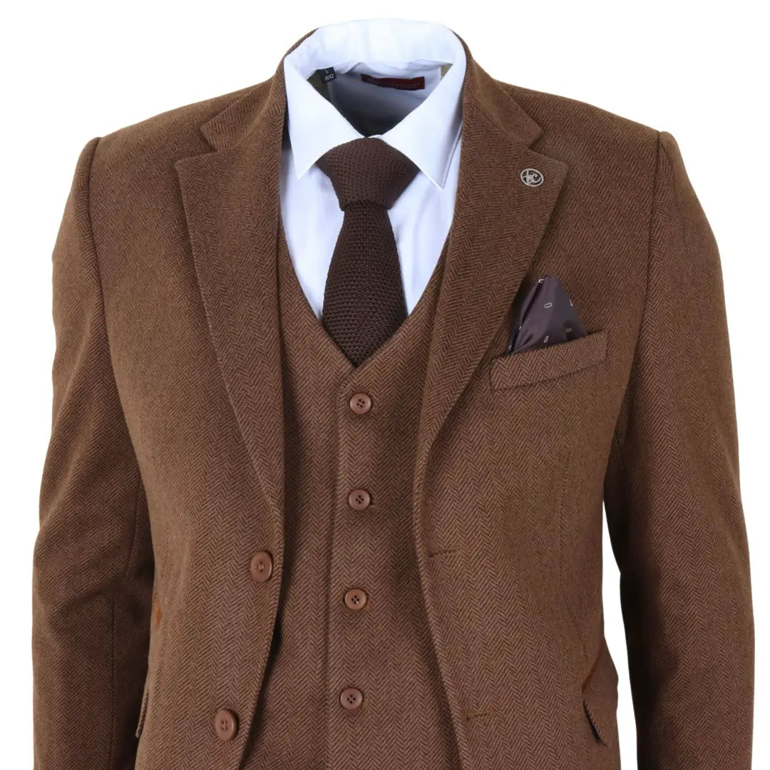 Men's Brown 3 Piece Tweed Herringbone Suit by TruClothing