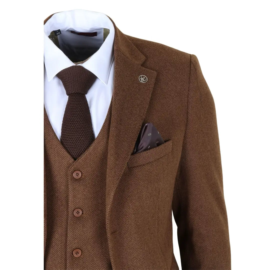 Men's Brown 3 Piece Tweed Herringbone Suit by TruClothing