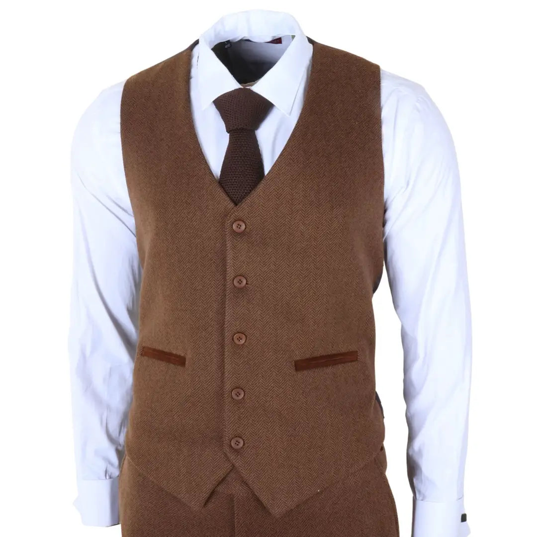 Men's Brown 3 Piece Tweed Herringbone Suit by TruClothing