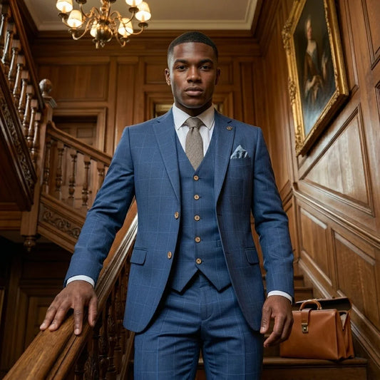 Men's Blue Check 3 Piece Tailored Fit Suit by TruClothing